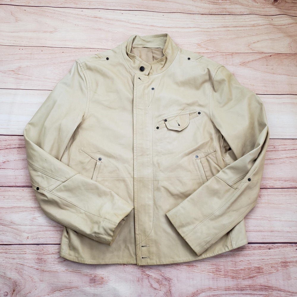 VINTAGE J.Lindeberg Leather Jacket Mens 54 Beige Biker Moto Zip Lamb Nappa‎